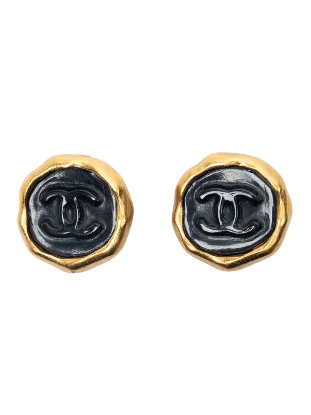 Chanel CC Logo Heart Clip-On Earrings Black Gold Plated